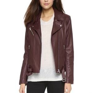 Iro Jacket Womens 36 Small Jone Lamb Leather Burgundy Chic Moto Biker Racer